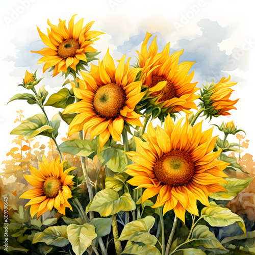 view from below sunflowers  watercolor illustration.