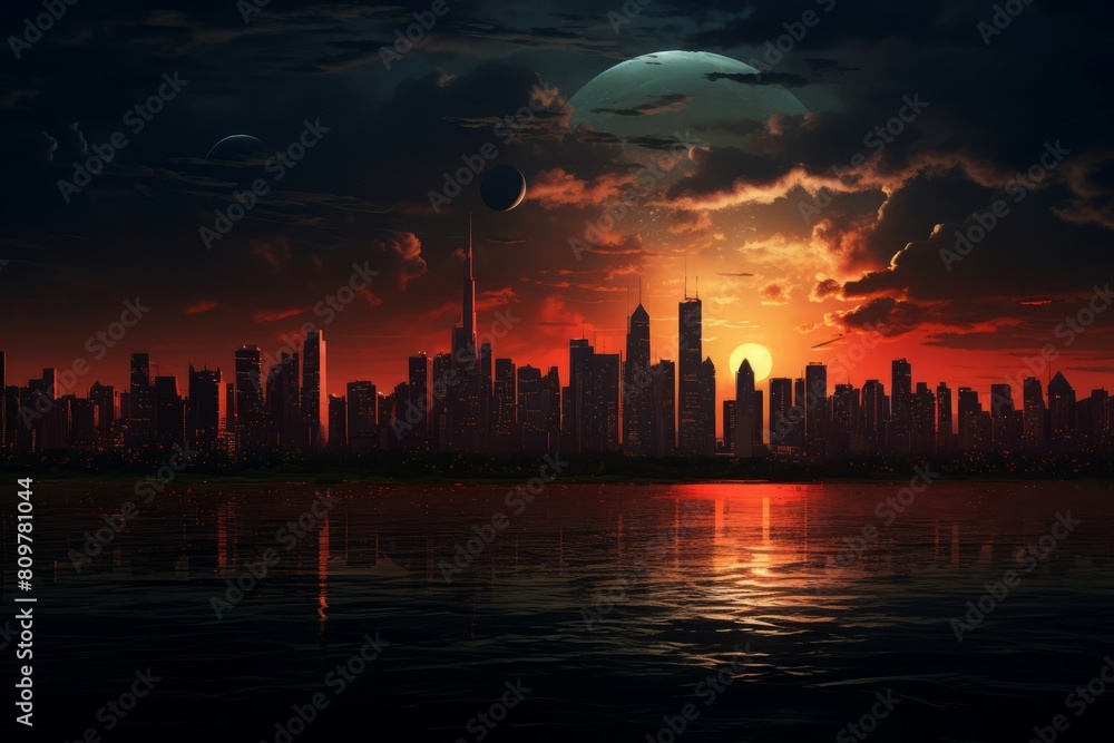 Picturesque Skyline city sunset lake. Modern urban. Generate Ai