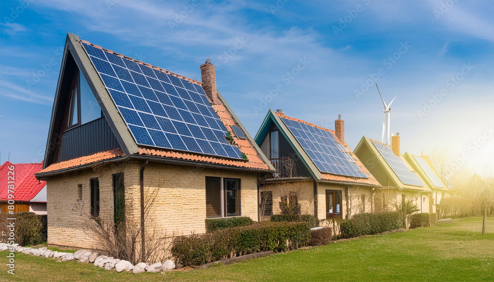 solar panel homes, producing clean ecological electric energy, solar system, Green energy solar panel homes, producing clean ecological electric energy, solar system, Green energy