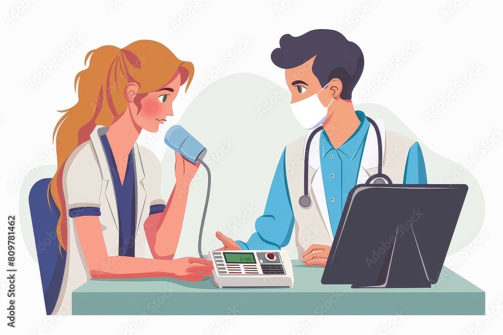 An illustration of a doctor using a pulse oximeter to measure oxygen levels in patients. An illustration of a doctor using a pulse oximeter to measure oxygen levels in patients.