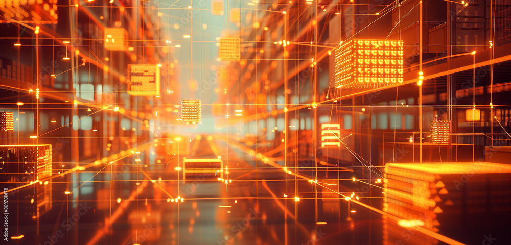 Lively abstract logistics environment featuring orange digital connections.