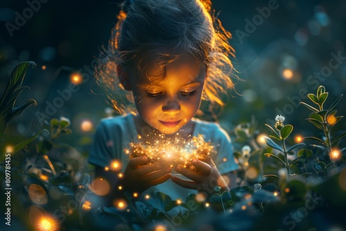 Little girl holding glowing garlands among green leaves, development concept