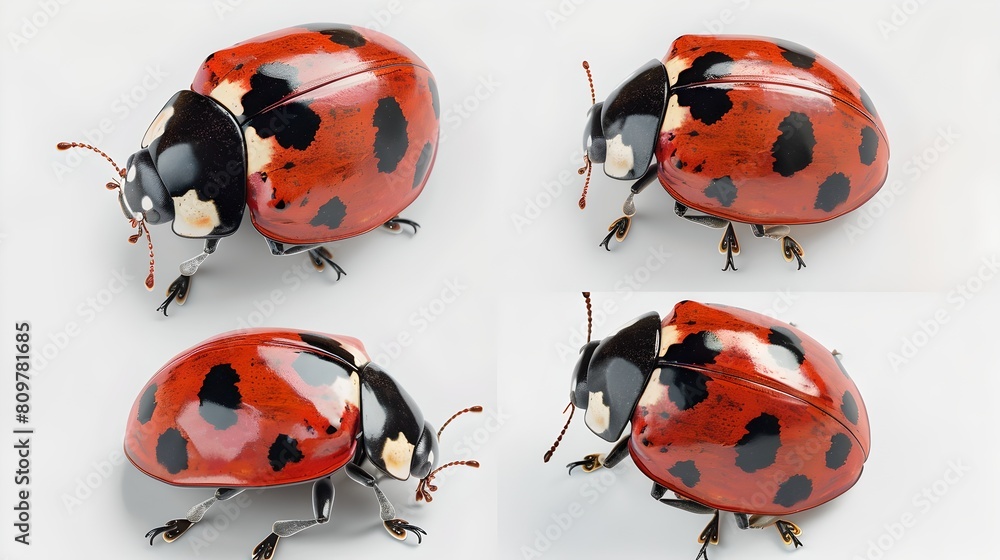 Fototapeta premium Four Ladybugs in Various Poses on a White Background, Perfect for Study, Detailed Illustration, Clear and Vivid Imagery. AI