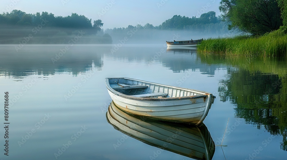 A boat on a foggy lake, surrounded by trees A boat on a foggy lake, surrounded by trees