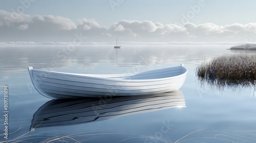   A boat bobbing atop water's edge, beside a verdant shore, 'neath blue-grey clouds photo