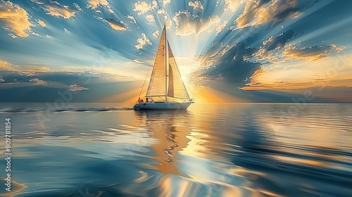  A sailboat painted in the ocean under the sun, with sunlight filtering through the clouds above