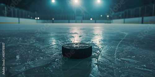  Hockey arena with puck close up sport ice rink stadium Puck on Icy Surface in Dramatic Arena Lights
