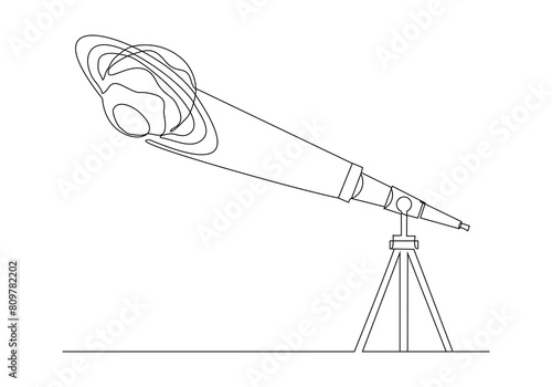Continuous single one line sketch drawing of telescope optic magnifying observation outer space planet asteroid astronomy concept simple vector illustration