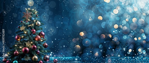 illustration of christmas tree with ornaments on it in the snow, snowy christmas background