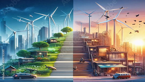 visual transitions depicting the shift from old to new technology, featuring renewable energy innovations photo