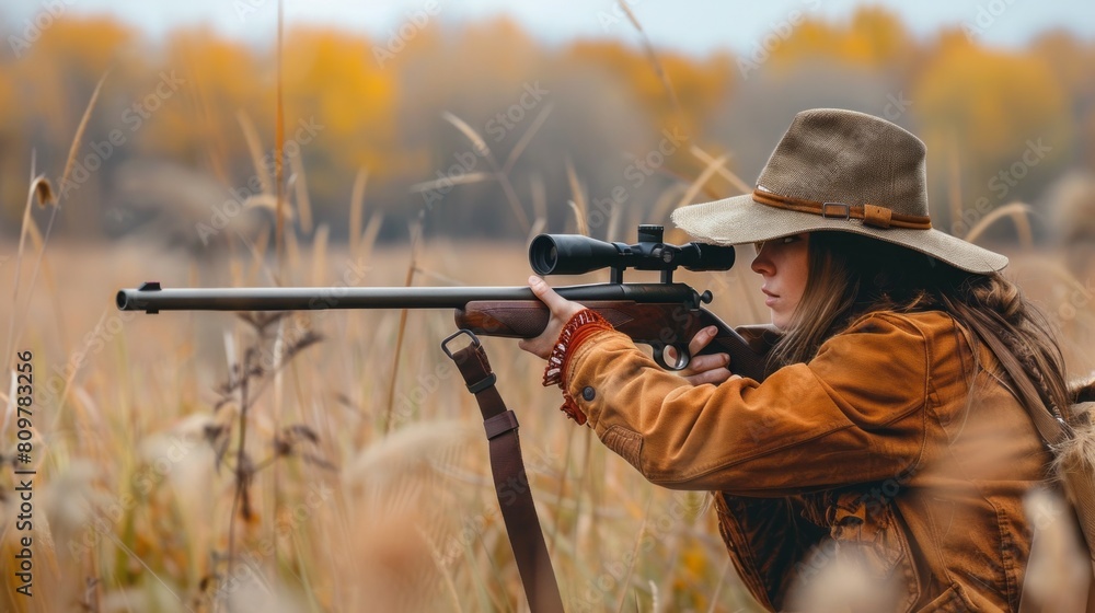Fototapeta premium A woman is holding a rifle and wearing a hat while standing in a field
