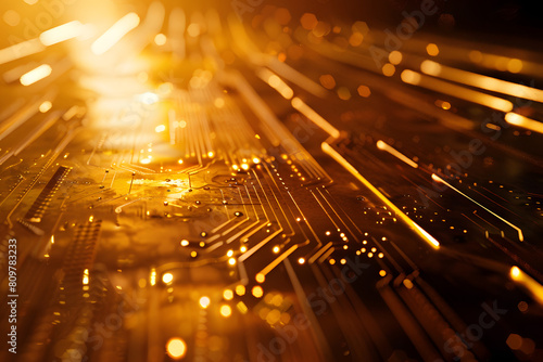 Golden beams of light streak across a close up of a circuit board giving it a dynamic glow