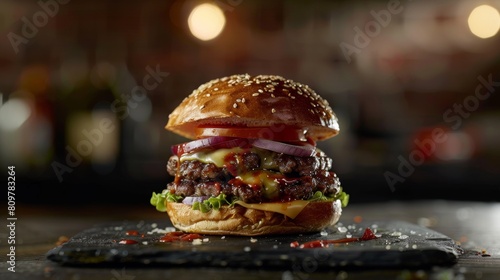 Gourmet burger with double patties, cheese, lettuce, tomato, and onion on a sesame seed bun, served on a slate board.