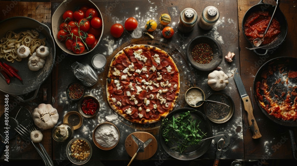 An array of Italian cooking ingredients and dishes such as pizza, pasta, tomatoes, and garlic spread out on a rustic table.