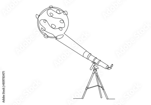 Continuous single one line sketch drawing of telescope optic magnifying observation outer space planet asteroid astronomy concept simple vector illustration