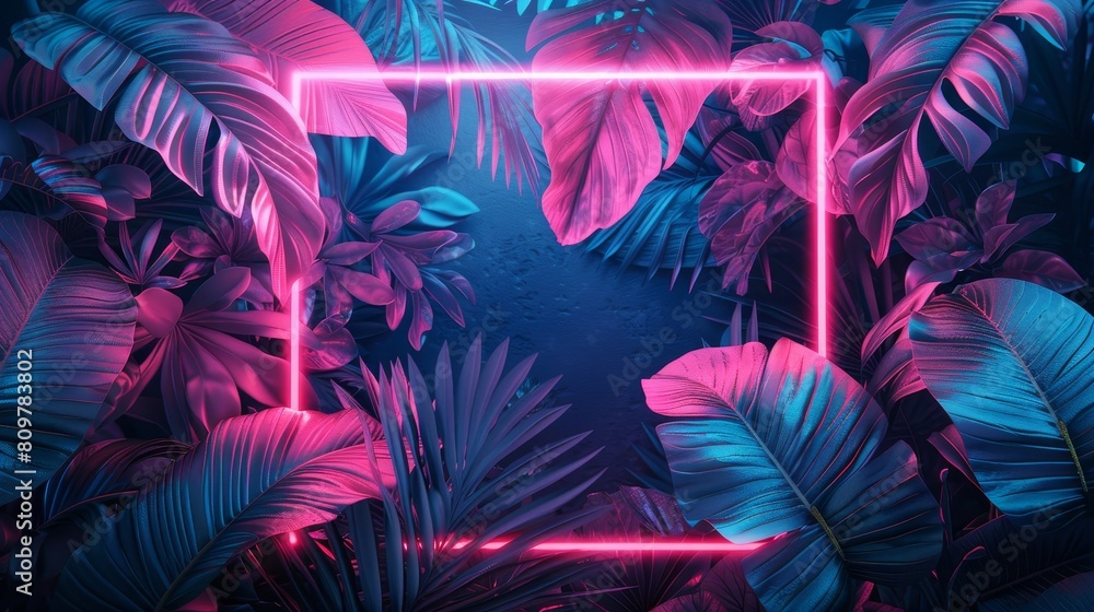 neon background with tropical leaves, using a color scheme of blue and turquoise neon background with tropical leaves, using a color scheme of blue and turquoise