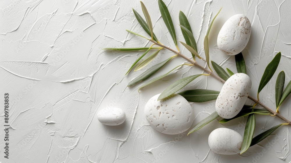 A peaceful photo showcasing an olive branch with white stones A peaceful photo showcasing an olive branch with white stones