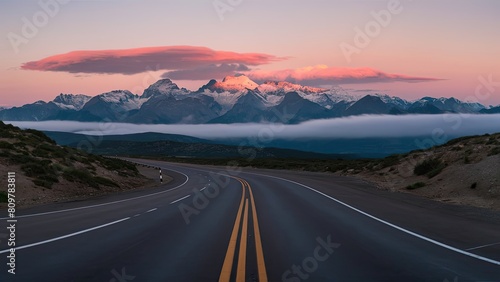 Asphalt highway road and mountain natural scenery at sunrise. panoramic view