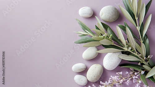 A photograph capturing an olive branch accompanied by white stones on a light lilac background