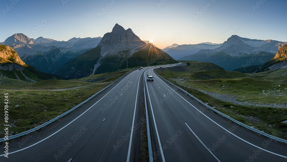Naklejka premium Asphalt highway road and mountain natural scenery at sunrise. panoramic view