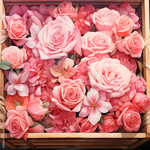 a close up picture of crate full of pink rose  view from the top  watercolour illustration.