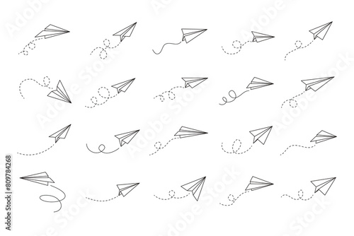 Hand drawn doodle paper plane set. isolated planes flight path. Line airplane icon travel, route. 