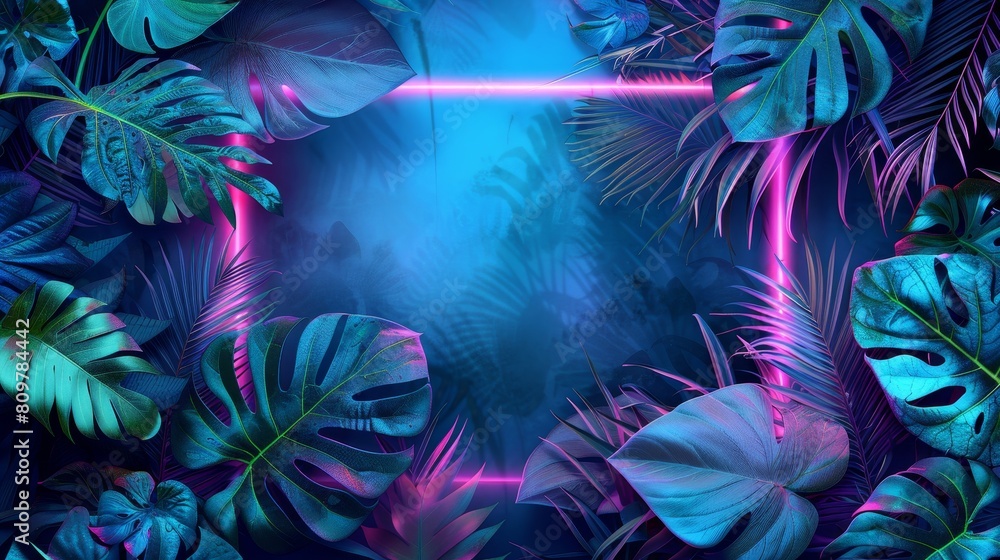 A vibrant abstract neon background with tropical leaves A vibrant abstract neon background with tropical leaves