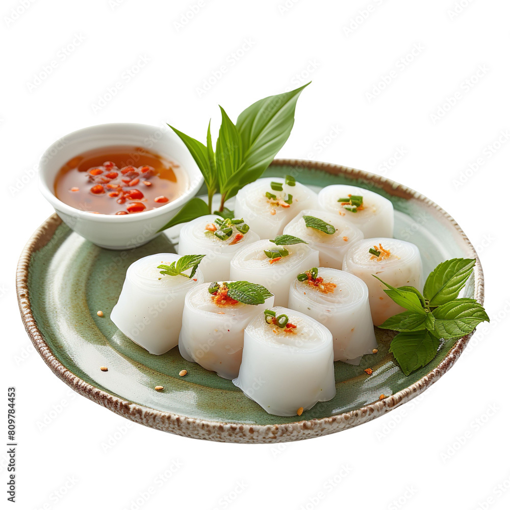 Front view of Banh Chung Cuon with Vietnamese square sticky rice cake rolls, featuring sliced Banh Chung wrapped in rice paper with herbs, on a white transparent background Front view of Banh Chung Cuon with Vietnamese square sticky rice cake rolls, featuring sliced Banh Chung wrapped in rice paper with herbs, on a white transparent background