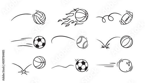  Doodle sport ball trajectory bounce collection. Line hand drawn balls set photo
