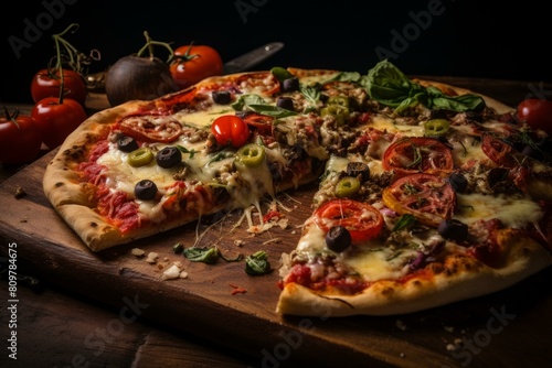 Delectable Slice rustic pizza. Wooden table. Generate Ai