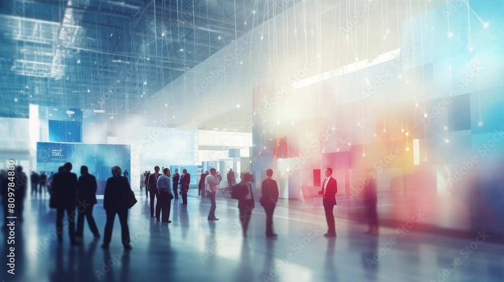 Background of an expo or convention with blurred individuals in an exposition hall. Concept image for a international exhibition, conference center, corporate marketing. Background of an expo or convention with blurred individuals in an exposition hall. Concept image for a international exhibition, conference center, corporate marketing.