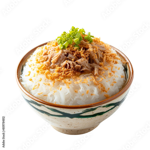 Front view of Banh Tam Bi with Vietnamese coconut milk tapioca cake, featuring layers of tapioca cake topped with shredded pork and coconut milk, on a white transparent background photo