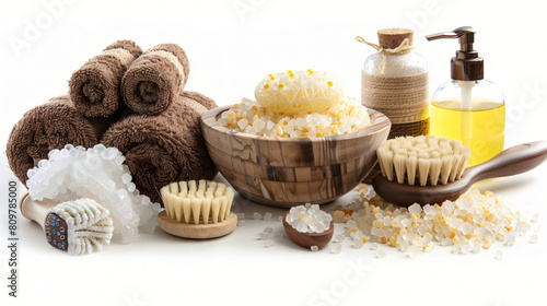 Different massage brushes and bath supplies on white 