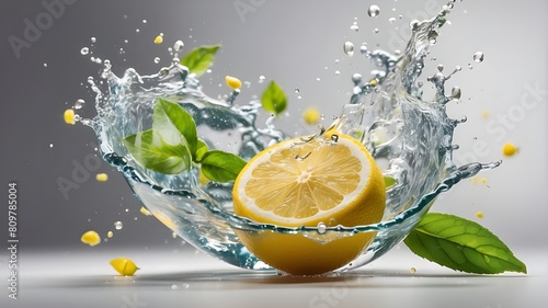 Isolated lemon water splash on a translucent white background, png. Water splash, leaves, and a slice of lemon fruit. water wave, citrus segment, and mint leaves in the backdrop. photo