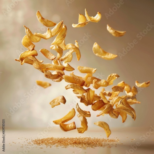 Potato chips cascading through the air against a neutral background, capturing the sense of motion and snacking excitement.