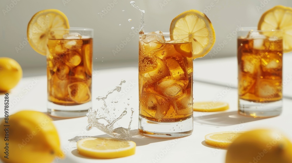 Levitating glasses of iced tea with lemon slices Levitating glasses of iced tea with lemon slices