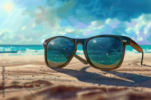 Sunglasses on beach sand at summer. Travel, vacation and summer holiday. © Helios4Eos