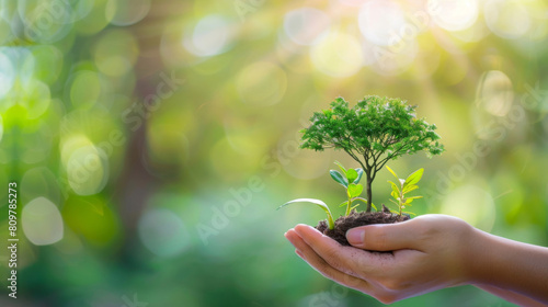 Close-up of a hand nurturing a small tree against a vibrant green bokeh backdrop © Michael