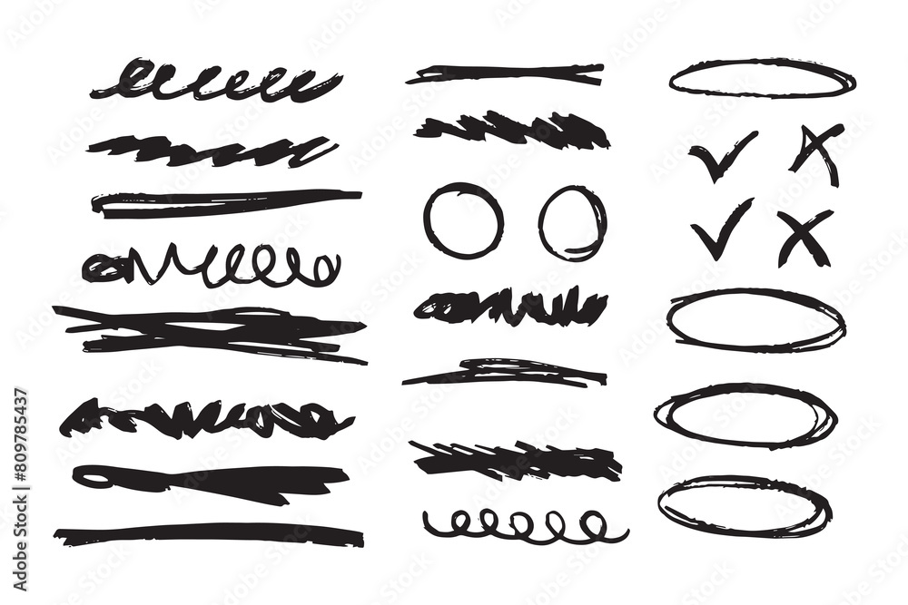 Hand draw marker pen strokes. Brush set. Scribble lines and brush strokes. Hand draw marker pen strokes. Brush set. Scribble lines and brush strokes.