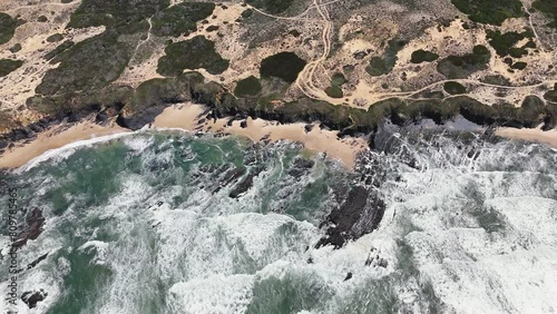 Top-down view of the deserted ocean shore in the west of Portugal photo