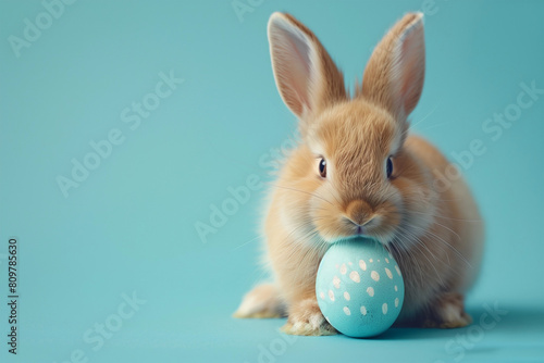 Adorable orange rabbit with a turquoise Easter egg on a soft blue background - AI generated. Perfect image of cute, fluffy bunny celebrating Easter with a polka-dotted egg, capturing spring and festiv photo