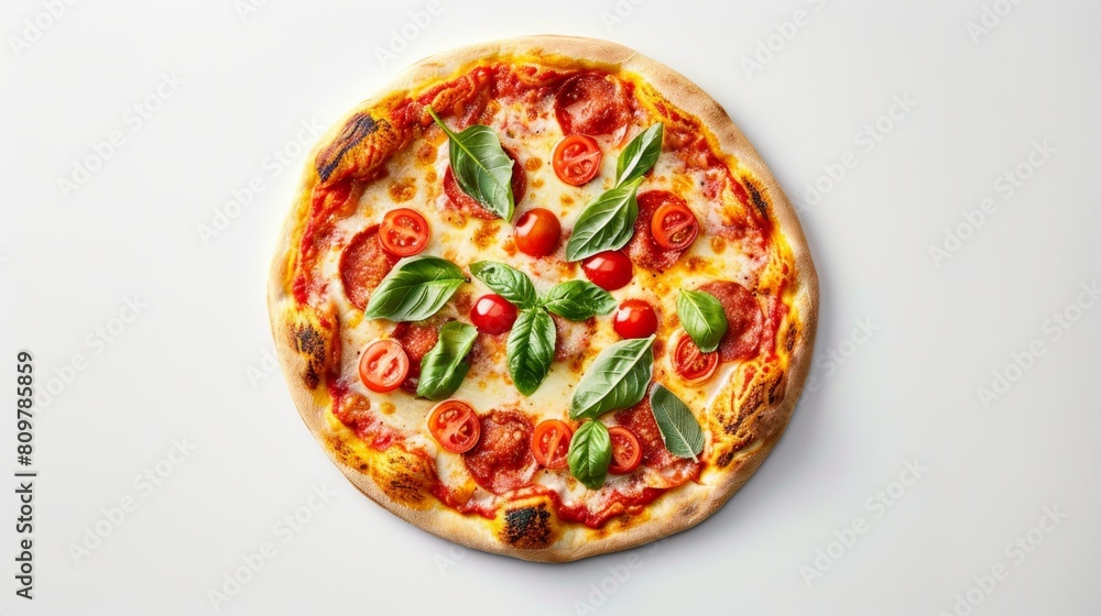 Freshly baked margherita pizza with tomatoes, mozzarella cheese, and basil on a white background, top view. Freshly baked margherita pizza with tomatoes, mozzarella cheese, and basil on a white background, top view.