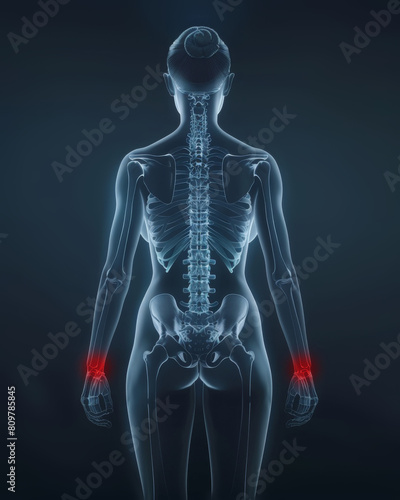 3D generated X-ray image of a fit female human body, back view, red zone pain or injury.
