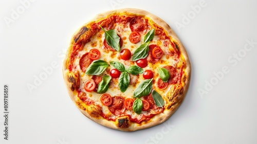 Freshly baked margherita pizza with tomatoes, mozzarella cheese, and basil on a white background, top view.