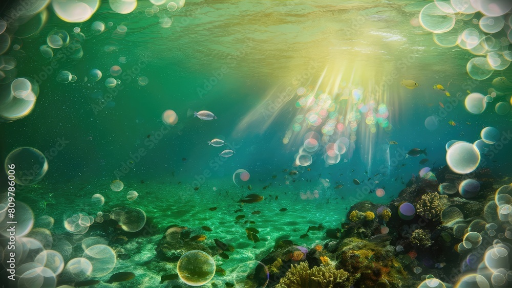 Fototapeta premium Bubbles and bokeh underwater in clear green ocean