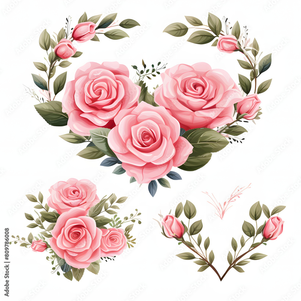 set of flowers and leaf with heart shape wreath, isolated on white background. set of flowers and leaf with heart shape wreath, isolated on white background.