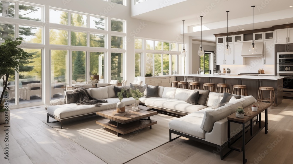 Fototapeta premium Beautiful living room interior in new luxury home with open concept floor plan. Shows kitchen, dining room, and wall of windows with amazing exterior.