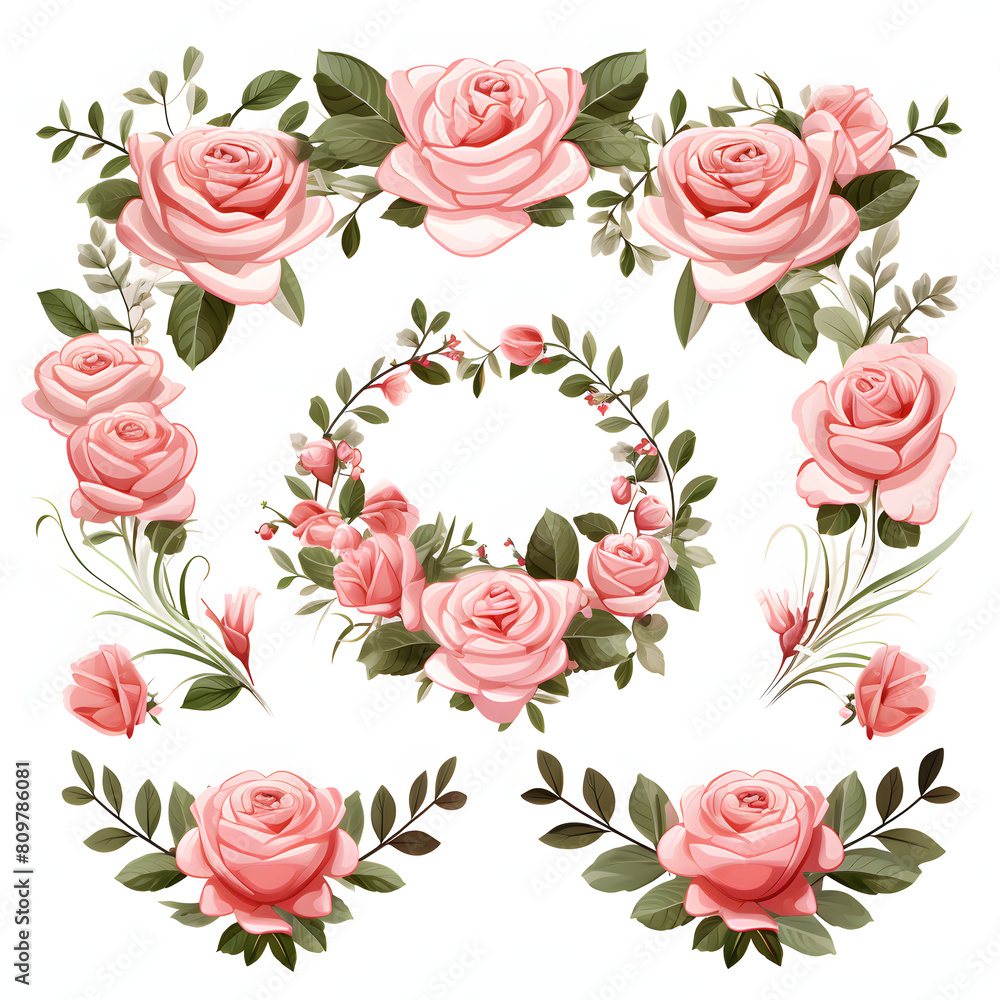 set of flowers and leaf with heart shape wreath, isolated on white background. set of flowers and leaf with heart shape wreath, isolated on white background.