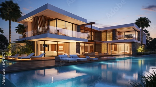 Beautiful luxury modern design architecture images of home with pool. © ArB