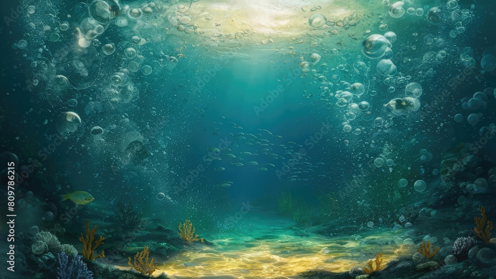 Fototapeta premium Bubbles and bokeh underwater in clear green ocean